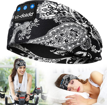 LC-dolida Boho Sleep Headphones Headband, Over Ear Bluetooth Headphones Wireless Womens Headbands, Wireless Earphones Sweat Resistant Band Music Sleeping Eye Mask Earbuds for Sports Unique Gifts