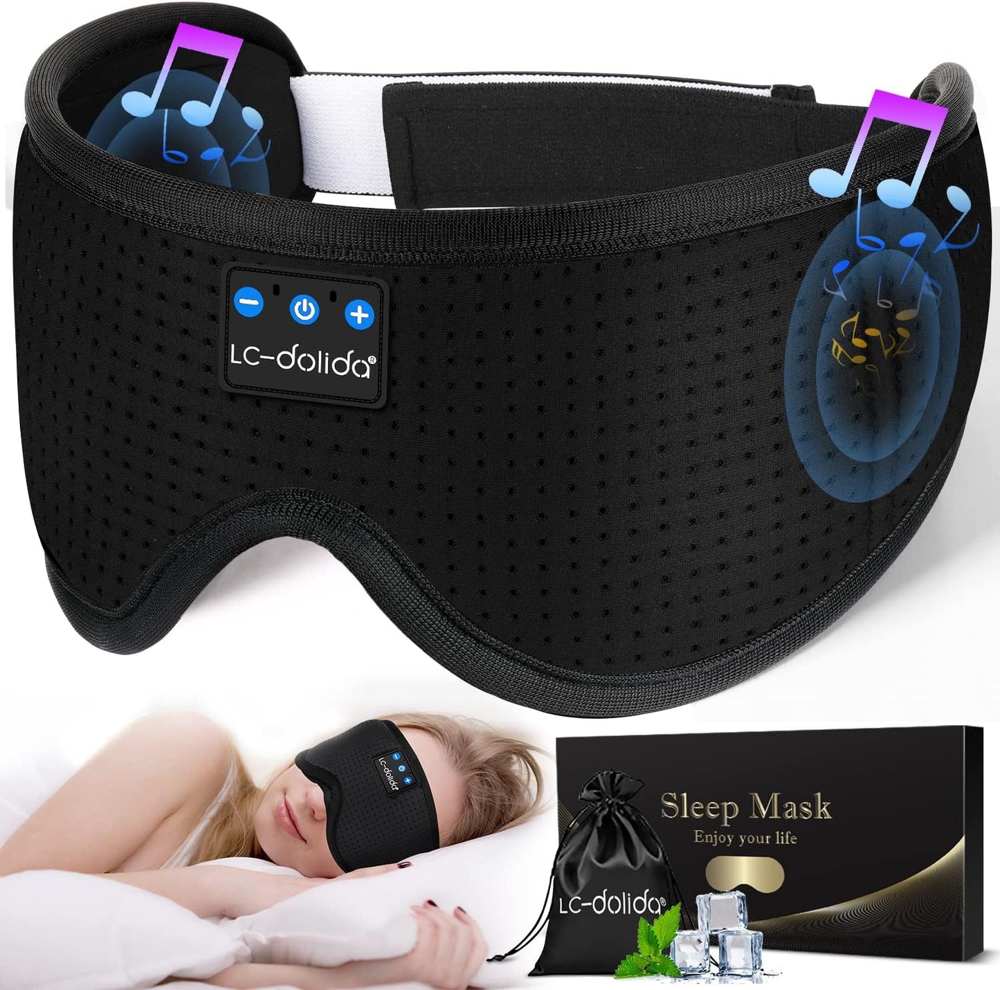LC-dolida Sleep Headphones, Sleep Mask Bluetooth Wireless Music Eye Mask, Sleeping Headphones for Side Sleepers Sleep Mask with Bluetooth Headphones Ultra-Thin Stereo Speakers Perfect for Sleeping