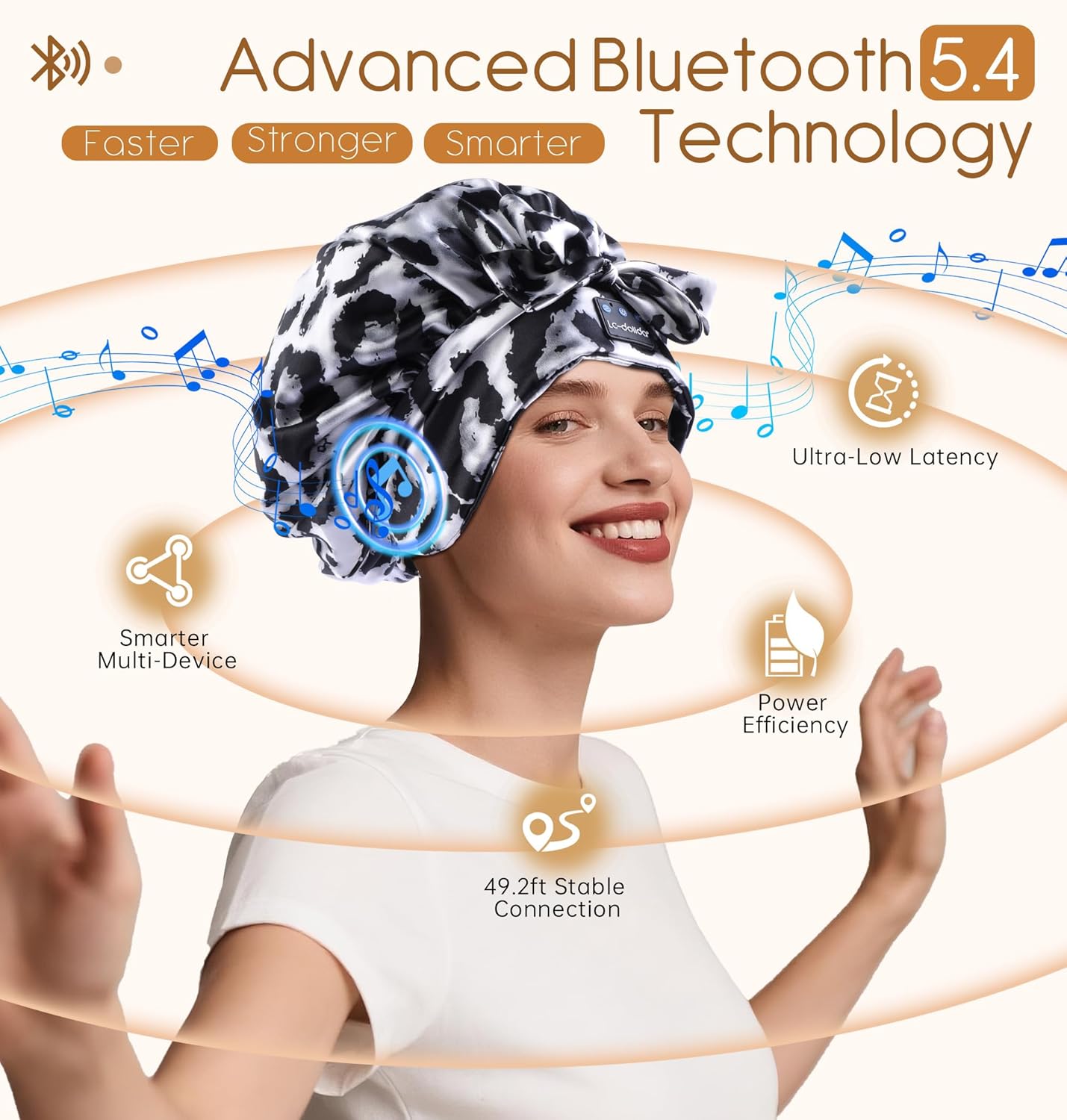 LC-dolida Bluetooth Silk Bonnet for Sleeping Women, Ajustable Satin Bonnet Night Sleep Hat Double Layer for Curly Hair with Tie Band Shower Caps - Pink Leopard
