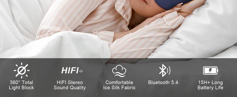 Upgraded Bluetooth 5.4 Sleep Mask with Ice Silk Fabric, Total Blackout Eye Mask for Men & Women, All-Night Comfort for Travel, Home