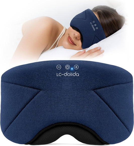Sleep Mask with Headphones Bluetooth 5.4, LC-dolida Wireless Music Eye Mask for Sleeping Headphones with Soft Bamboo Cotton Cooling Breathable,Ultra-Thin Stereo Speaker for Side Sleepers-Blue