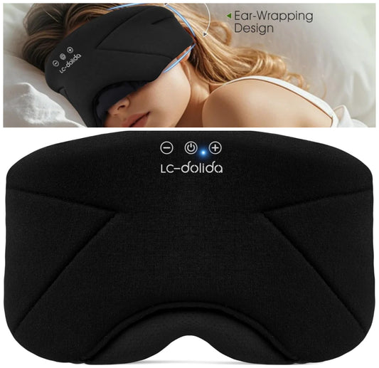 LC-dolida Sleep Mask with Headphones Bluetooth 5.4, Wireless Music Eye Mask for Sleeping Headphones with Soft Bamboo Cotton Cooling Breathable,Ultra-Thin Stereo Speaker for Side Sleepers-Black